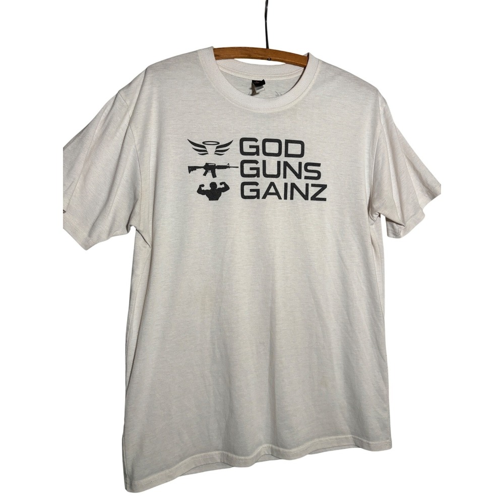 Bucked Up Mens God Guns Gainz Graphic T-Shirt Cream L Gym Workout Tee USA Gorp